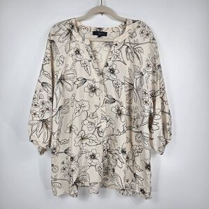 Fred David Women's Size 2XL Beige Floral Button Down Balloon Sleeve Top